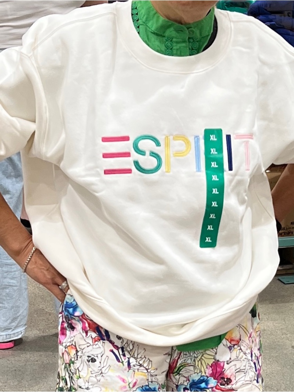 Esprit Cream Crew Neck Sweatshirt w Multicolor Embroidered Logo sz S M L XL XXL - Picture 6 of 15